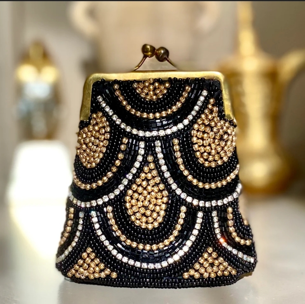 Vintage Look David Jeffery Beaded Coin Purse Black Gold Crystal Satin